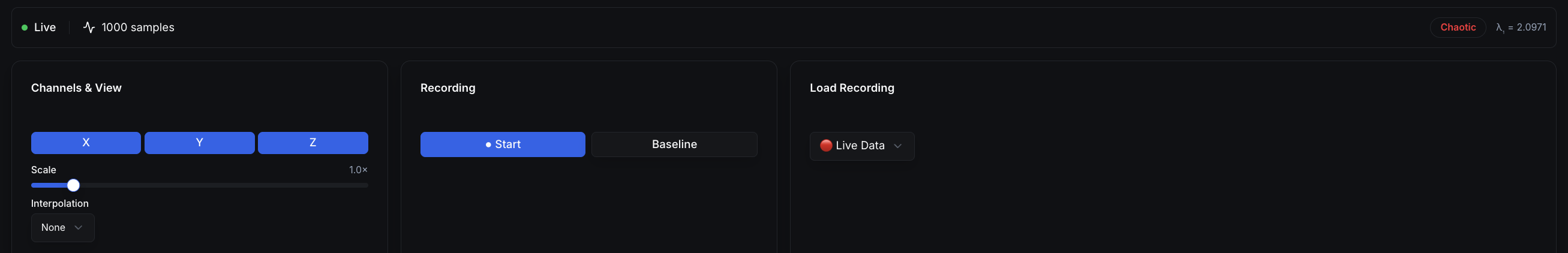 Select channels (x,y,z), recording & playback buttons; also shows Lyapunov exponent readout